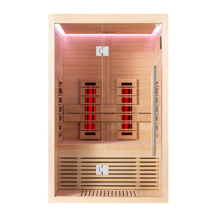 Cabina a infrarossi in legno Hemlock con porta in vetro, design compatto per uso domestico con illuminazione LED interna per creare un’atmosfera rilassante nella cabina a infrarossi