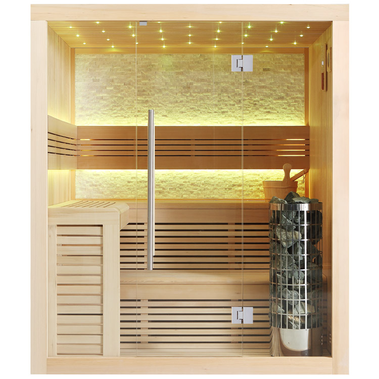 Sauna finlandese in legno Hemlock 180×150 con porta in vetro e stufa elettrica