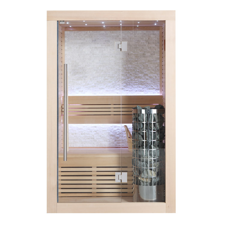 Sauna finlandese compatta in legno Hemlock 120×105 con porta in vetro