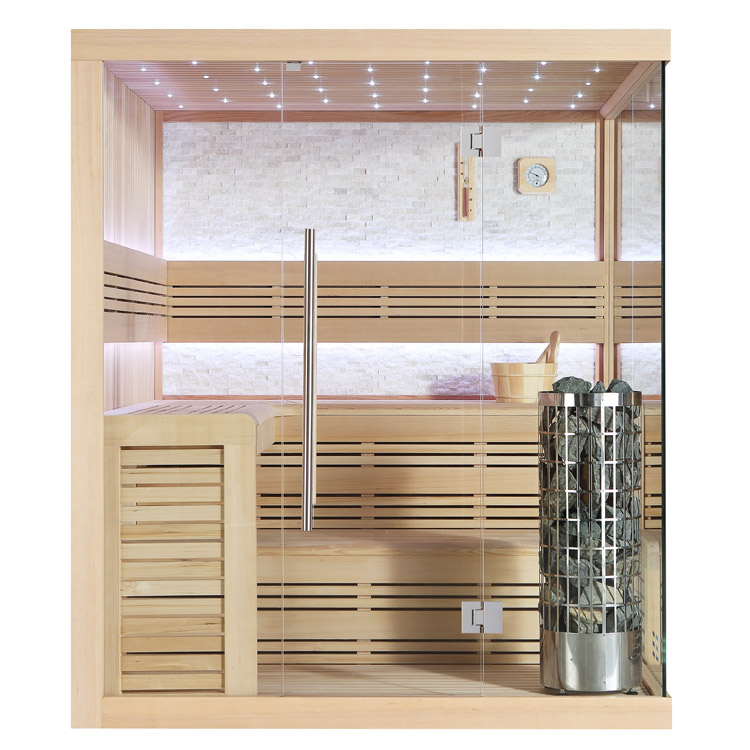 Sauna finlandese in legno Hemlock 180×180 con porta in vetro e stufa Cilindro