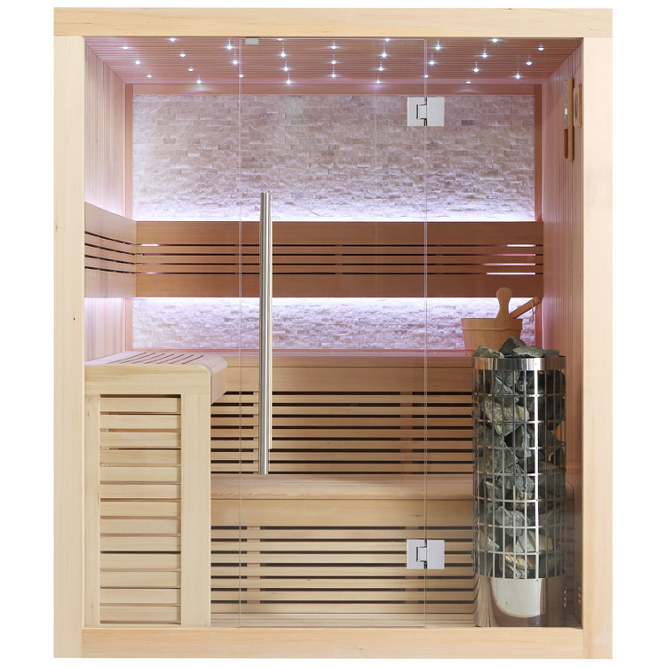 Interno sauna tradizionale con panche in legno su più livelli