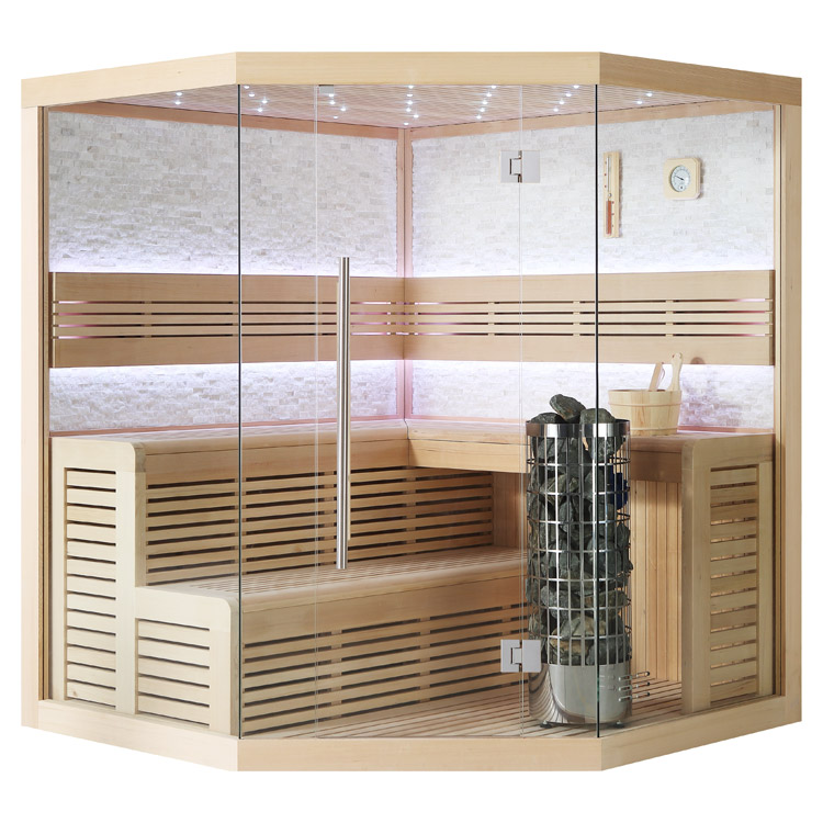 Sauna finlandese AWT E1101C in Hemlock 180×180 con porta in vetro e stufa Cilindro
