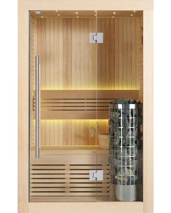 Sauna compatta in Hemlock con porta in vetro, panche interne e stufa Cilindro da 6,8 kW.