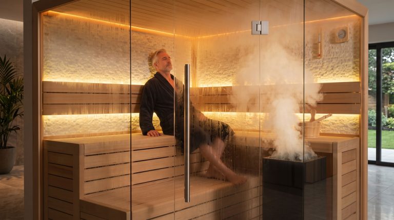 Uomo maturo in salute che si rilassa all'interno di una moderna sauna finlandese angolare da interno in legno chiaro. La cabina presenta ampie vetrate frontali, una stufa elettrica nera e un'illuminazione LED calda e rilassante, ideale per il benessere domestico e la longevità.