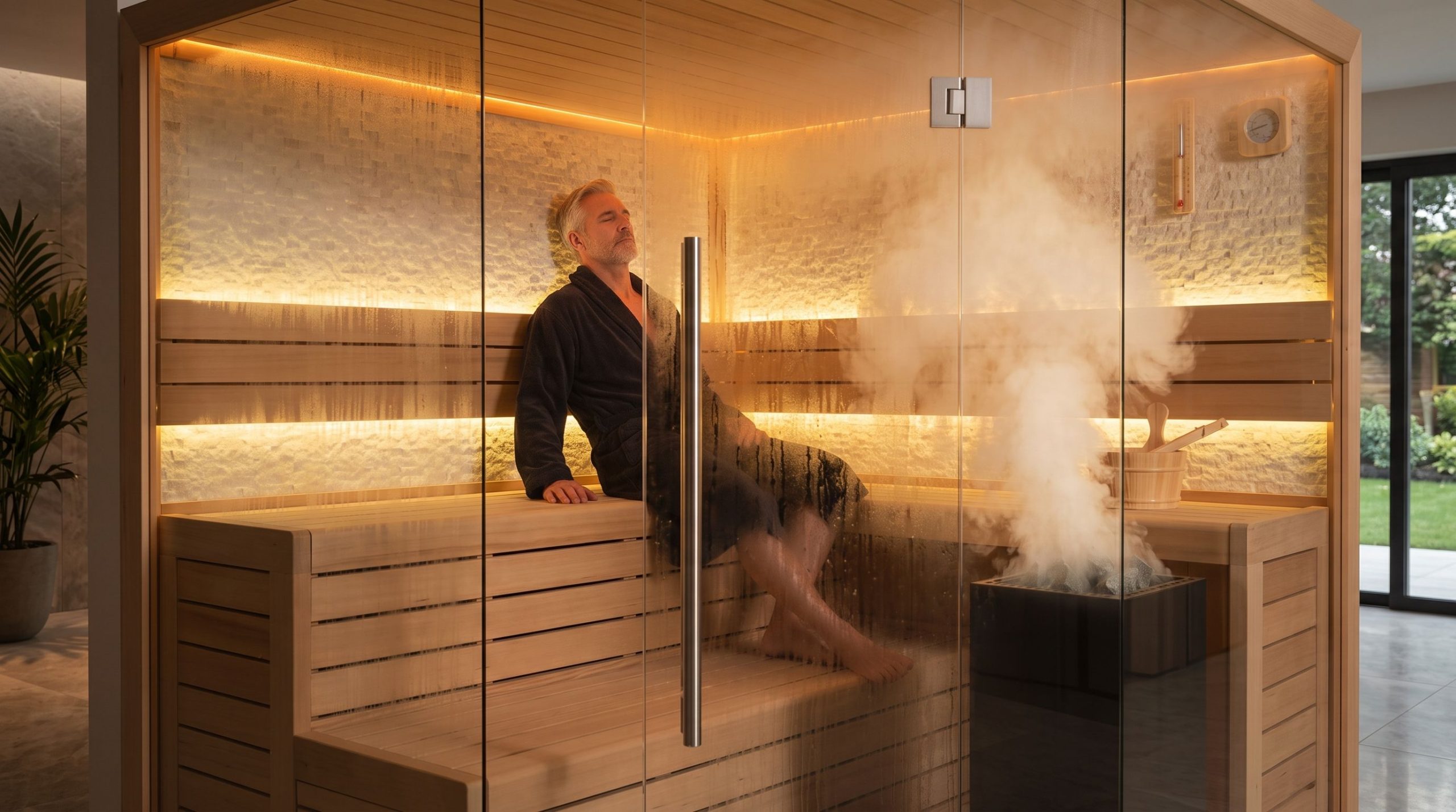 Uomo maturo in salute che si rilassa all'interno di una moderna sauna finlandese angolare da interno in legno chiaro. La cabina presenta ampie vetrate frontali, una stufa elettrica nera e un'illuminazione LED calda e rilassante, ideale per il benessere domestico e la longevità.